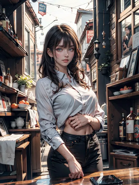 Photo De Café, Super high quality , building,  busy street , cycle, trash, Nostalgia,  wet roads, super detailed, 24-year-old female、Sensual proportions、Sensual、 narrow waist