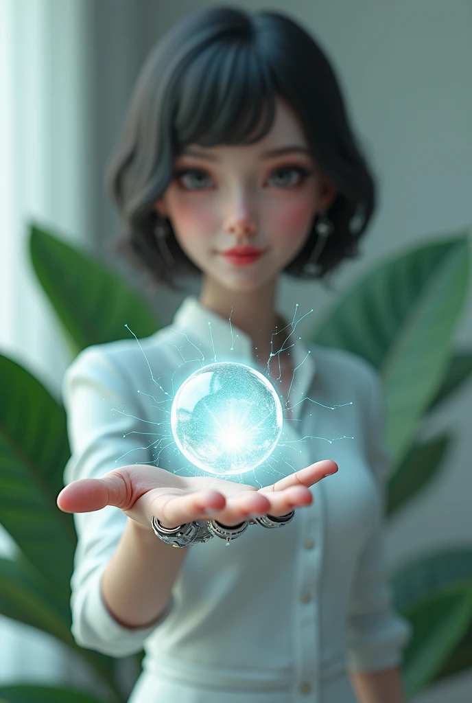 someone holding a small light bulb in their hand with a plant in the background, point finger with ring on it, holding a shining orb of data, light emitting from fingertips, cyber augmentation implant, photo of a hand jewellery model, depicted as a 3 d ren...