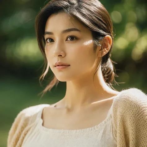 A hyper-realistic image of a single Japanese woman in her early 20s, captured with the nostalgic warmth and subtle graininess of a film camera. Her skin has a warm beige tone with a natural, slightly rough texture that includes visible pores, fine lines, a...