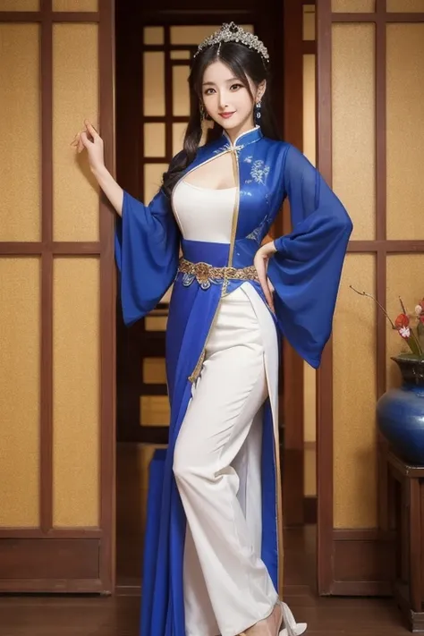 The woman is wearing an ancient dance costume, including a white full-length halter top blouse, and dark blue chiffon trousers on the bottom. She is an oriental beauty with a very Chinese style. The costume is very Song Dynasty style. She has her back to t...