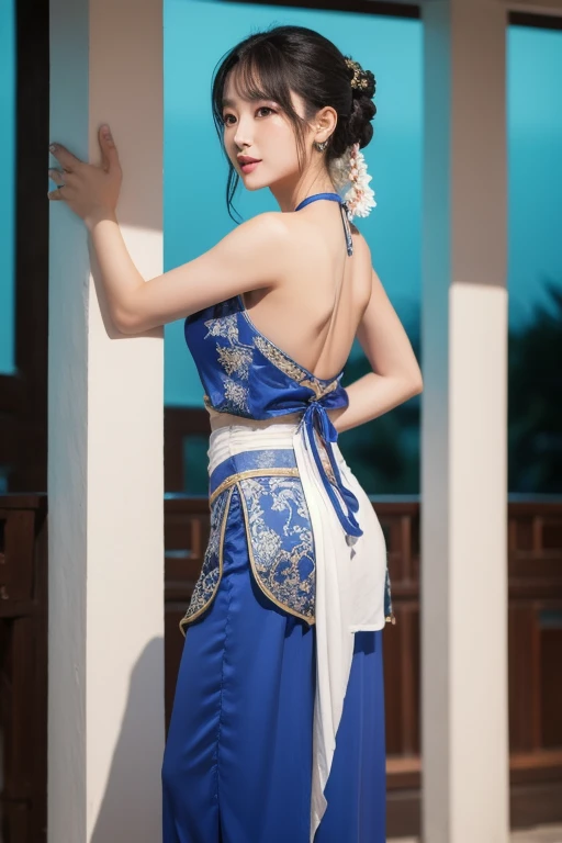 The woman is wearing an ancient dance costume, including a white full-length halter top blouse, and dark blue chiffon trousers on the bottom. She is an oriental beauty with a very Chinese style. The costume is very Song Dynasty style. She has her back to t...