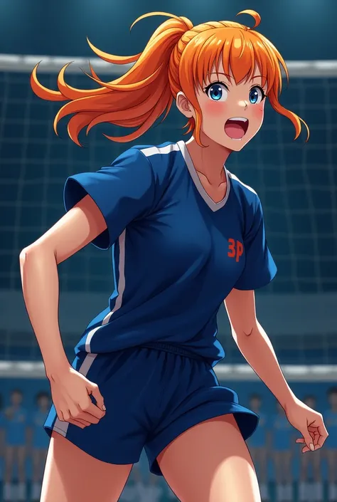 Japanese volleyball player with an orange-haired anime in a very dark blue uniform, quite outgoing 