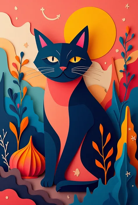 Abstract and papercut style of a cat, in vivid colors