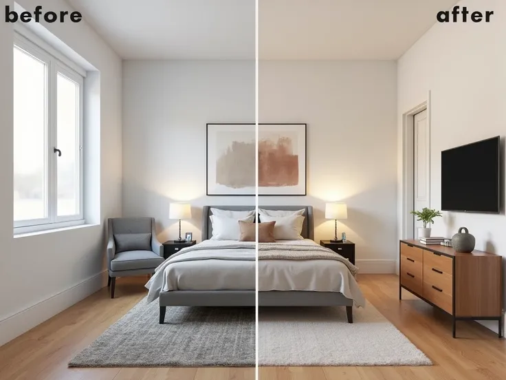 "Create a split-view image showing a before and after transformation of a bedroom using virtual staging. On the left side (before), depict an empty bedroom with plain white walls, clean hardwood floors, and a single large window allowing soft natural light...