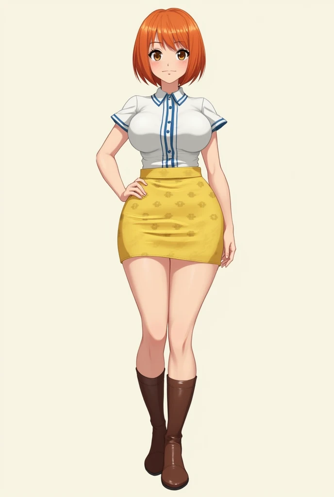 Tall womens slim ,  big breasts,  small waist , short orange hair, light brown eyes,  white shirt with blue stripes with short sleeves and neckline, short yellow skirt with circles , calf-length brown boots ,  full body,  anime style. 