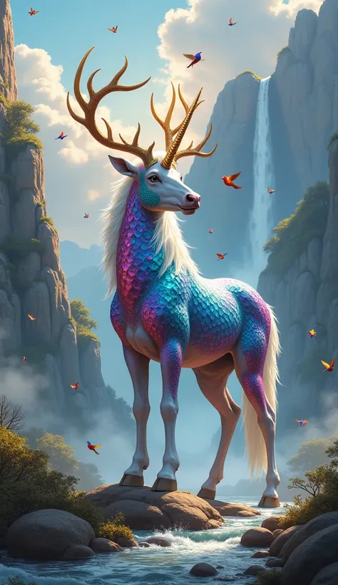 A sturdy unicorn，Its body is like a deer，The head is high，It has a sharp and shining horn。Its body is covered with colorful things、Its scales shine like gemstones，Its eyes are bright as stars，Its eyes are majestic and compassionate。Its four hooves are stro...