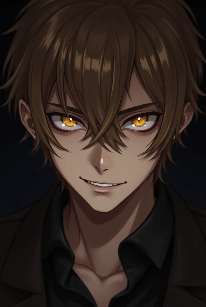 Do something with anime traits !

 * hair:  Brown with a striking blonde lock over the left eye and the fringe .
 * eyes: golden, Penetrating,  with a look that conveys evil .
 * smile: Enigmatic and perverse .
 * atmosphere: dark, mysterious.
 Script opti...