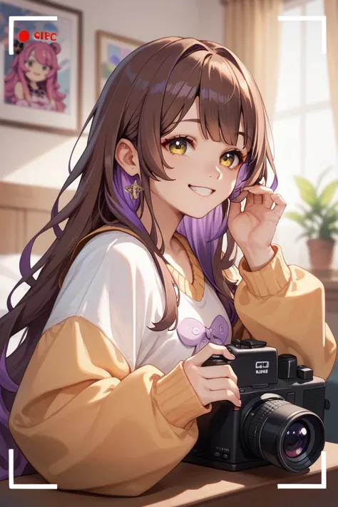 1 girl,  long hair ,  Bicolor Hair , brown hair,  purple hair , brown hair y morado,  yellow eyes, long sleeve,  watching on camera,  smiling, virtual youtuber