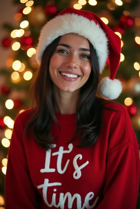 Create a Latin woman smiling with her mouth shut,  with her medium-length straight hair and dark brown ,  with a Christmas hat and a Christmas sweater written ITS TIME in front of a Christmas decoration