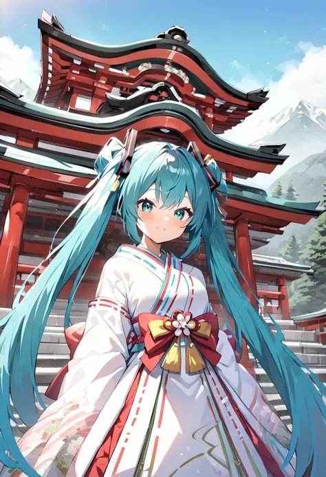 (hatsune miku:1.2), (gleaming skin, shiny skin:1.4), (shrine maiden clothe:1.4), (cowboy shot:1.4), (shrine, In mountains, japanese cedar:1.4),