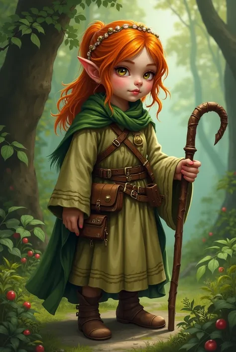  generates an image of a character from DnD :  a female gnome from the forest of the Druid class , who is also a hermit ,  has a wooden cane and is called Arabella Fernshade,  is a young adult , She has honey-colored eyes and ginger ,  she measures about 9...