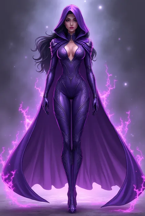 Create a female wizard hero costume with violet touches that looks like that of Zatana from Super Hero Girls (animated series)