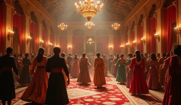 " An ultra-realistic and cinematic image of a majestic ball during the Ottoman Empire.  The scene shows a grand ballroom in the palace ,  richly decorated with intricate tapestries , golden chandeliers and silk cushions .  Ottoman nobles and dignitaries ar...