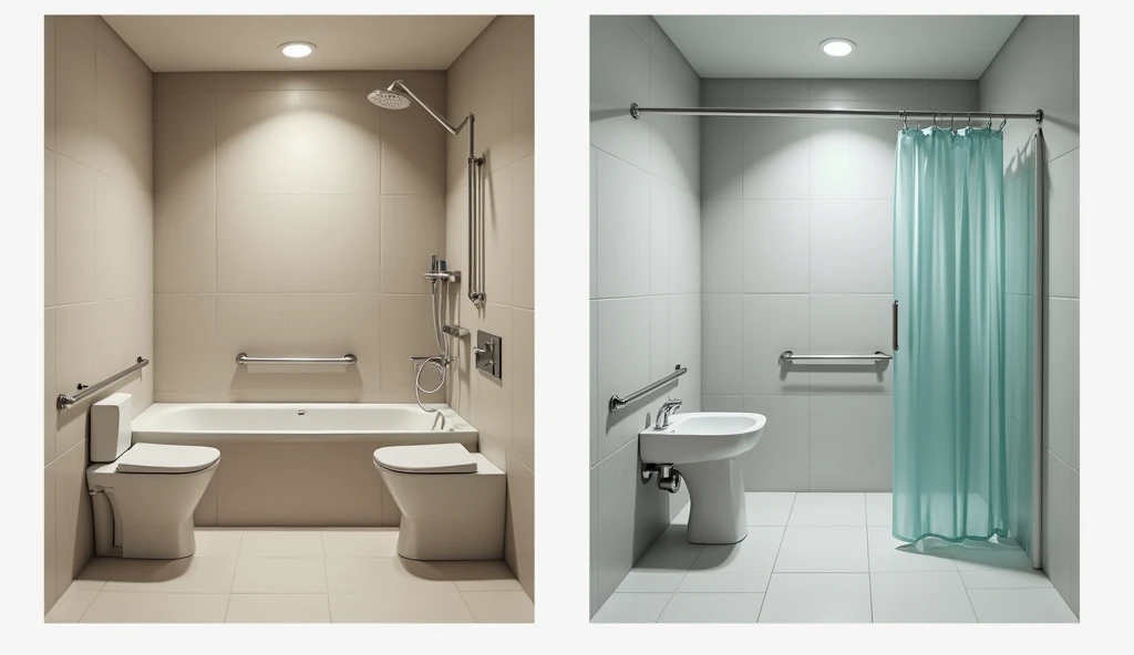 Create a banner for seniors 
 showing comparison of bathrooms in 2 pictures, banner shows advantages of barrier-free bathroom in 1 picture in bathroom and in 2 picture disadvantages of bathroom with shower box and uncomfortable bathroom with partitions and...