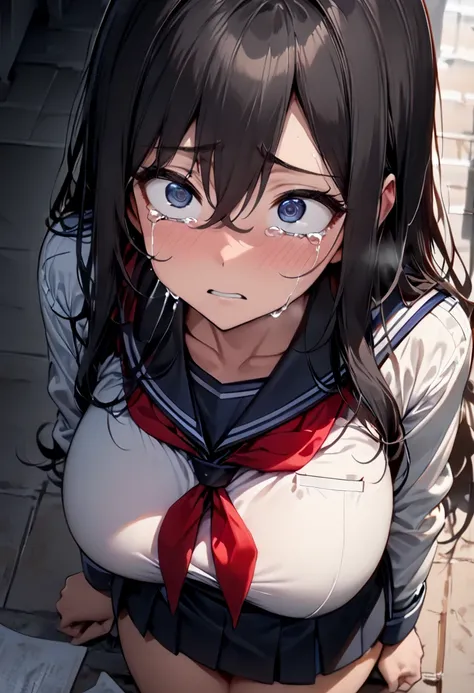 (  Masterpiece  ,   top quality:1.2), 1 girl, Alone,  expressive eyes, Crouch on the floor, (((Looking up))),  looking at the camera,  Female College Student,  Short Black Hair , ((( perfect face girl who wraps a neckerchief directly around her neck))), Bi...