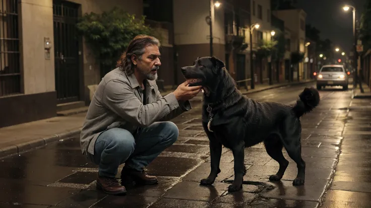 Shot Full shot at eye level, showing Atilio and the black dog in a dynamic and violent confrontation, it is night and it is raining
Atilio Montes is standing screaming in front of the dog preparing to fight. The black dog is opening its mouth furiously to ...