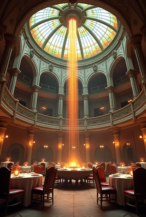 A restaurant that combines Victorian and colonial architecture ,  where the main room is circular in shape and has a dome with stained glass windows that form a landscape and a very long chandelier hangs from the center of the ceiling 