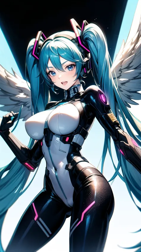 Hatsune Miku VOCALOID,    twin tails,    Light Blue Eyes   ,    Light Blue Hair  ,    Bodysuit   , ((   Angel Wings  )), (Mecha Girl), ((   cyberpunk   )),    ultimate physical beauty   ,      beautiful eyes   , Big Breasts ,   ecstatic face、  Big Breasts ...