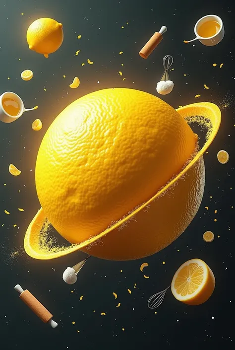  generates a planet made of lemon peel and that around it has ingredients to prepare that lemon pie from utensils to ingredients, The planet that is shaped like planet Earth   

