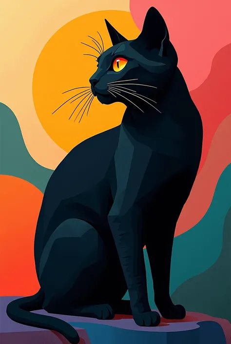 A papercut style of a black cat, on an abstract vivid colors background