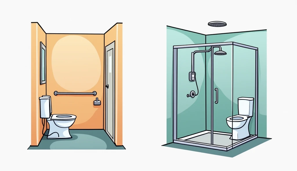 Create a banner for seniors 
in cartoon style showing comparison of bathrooms in 2 pictures, banner shows advantages of barrier-free bathroom in 1 picture in bathroom and in 2 picture disadvantages of bathroom with shower box and uncomfortable bathroom wit...