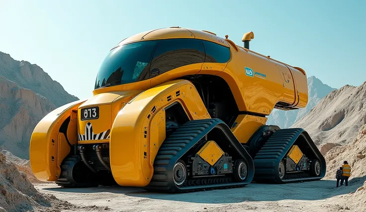  An extremely large and robust futuristic excavator ,  with an elegant and advanced design ,  painted in bright metallic yellow ,  with neon blue details that accentuate its modern and imposing lines .  Its structure is made of ultra-light and ultra-resist...