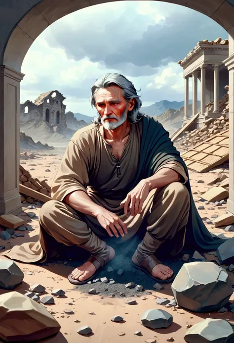 Illustration based on the Old Testament. photoshot. **Job amidst the rubble**: Job sitting among the ruins of his old house, surrounded by ash and desolation, symbolizing the loss of everything he owned.