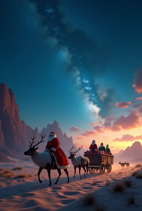 (extremely detailed CG unity 8k wallpaper,masterpiece, best quality, ultra-detailed),(best illumination, best shadow, an extremely delicate and beautiful),floating,high saturation, peaceful night sky, Santa Claus and his elves are riding the reindeers wago...