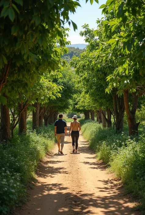  make me a trail on a farm with different types of trees,  such as yellow guayacán , fruit tree ,  is a small path ,  with different routes ,  place several people with their ren doing the route ,  the trail is small you reclaco 