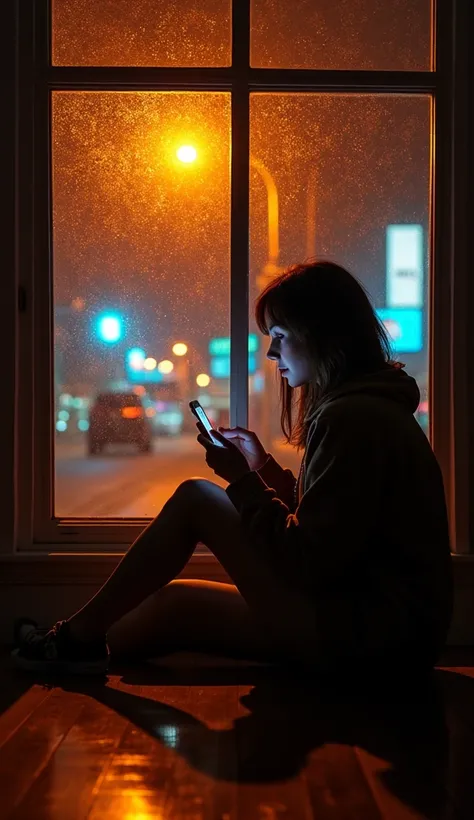 A young woman sits by a rain-soaked window. The room is dimly lit, with warm orange light from a streetlamp casting intricate shadows across the wooden floor. Raindrops streak the glass, and her brown eyes glow faintly as she stares at her phone. The refle...