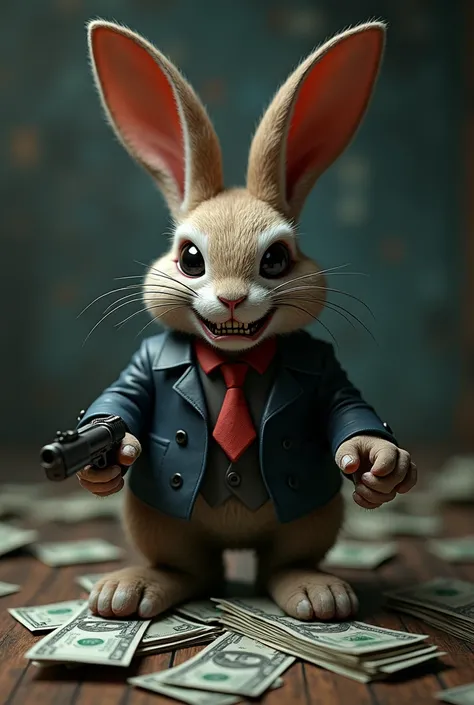 (photorealiam:1.2)  Humanized rabbit sitting on the money,  posture of a loan shark holding a gun , evil face  