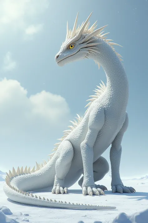 An adult realistic white dragon, yellow-eyed, in the snow.