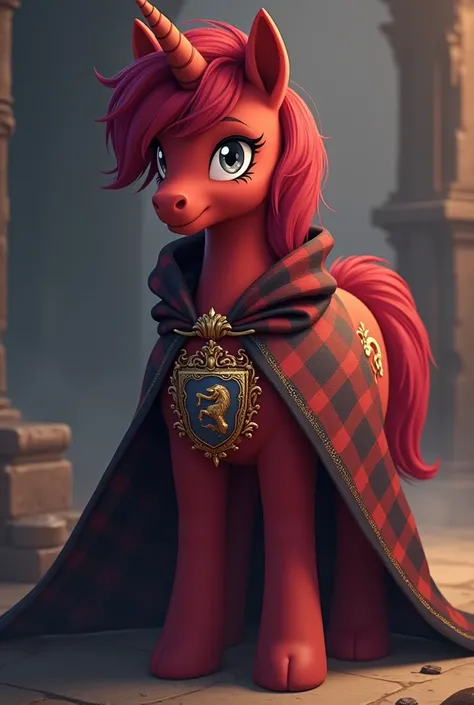 Make a male pony with traits of My Little Pony friendship is anime-style magic,  the pony has crimson fur and a long mane and a tuft on the side divided on the sides in a dark red color , gray eyes,  serene smile he wears a middle ages-style cape with an e...