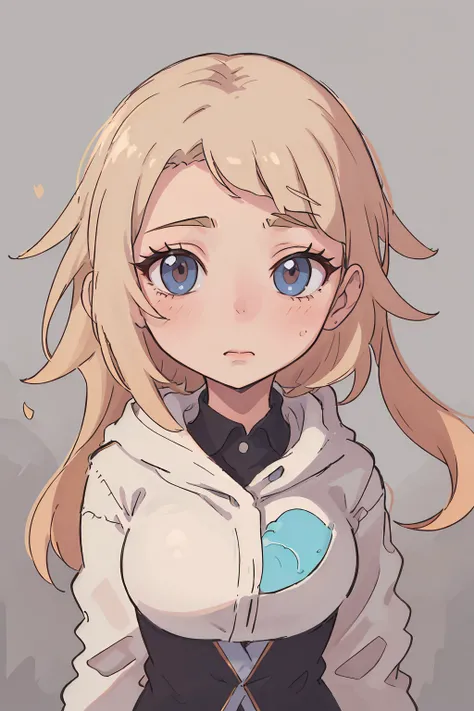 (best quality:0.8) anime-style portrait featuring a girl with a soft, rounded face framed by a sharp, pastel blonde short wavy haircut. The hair falls in clean, uneven layers, with a blunt fringe neatly lining her forehead. Delicate strands curl out from h...