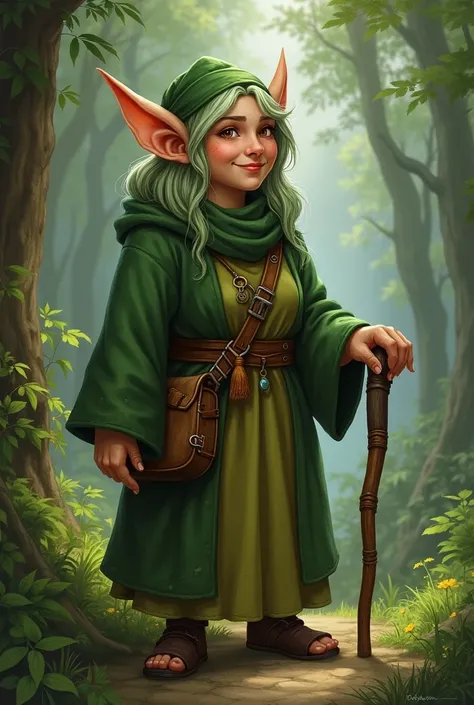  generates an image of a character from DnD :  a female gnome from the forest of the Druid class , who is also a hermit ,  has a wooden cane and is called Arabella Fernshade, Shes a much older looking lady, She has brown eyes and green hair ,  is about 90 ...