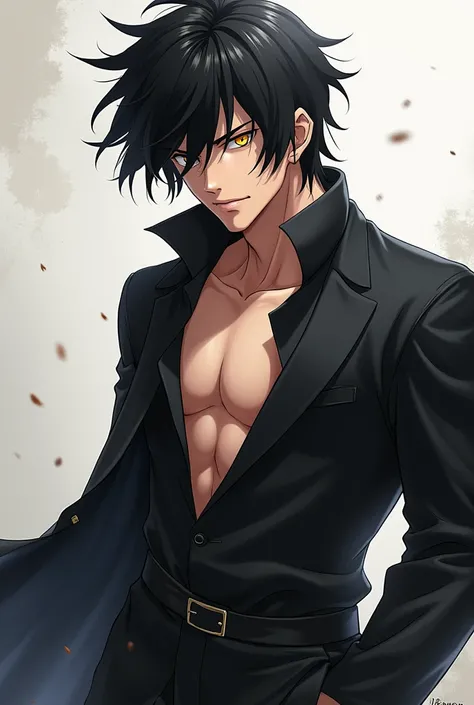 a male anime character who is tall handsome with deep black hair, his messy hair, piercing but cute eyes with a firm and sexy posture