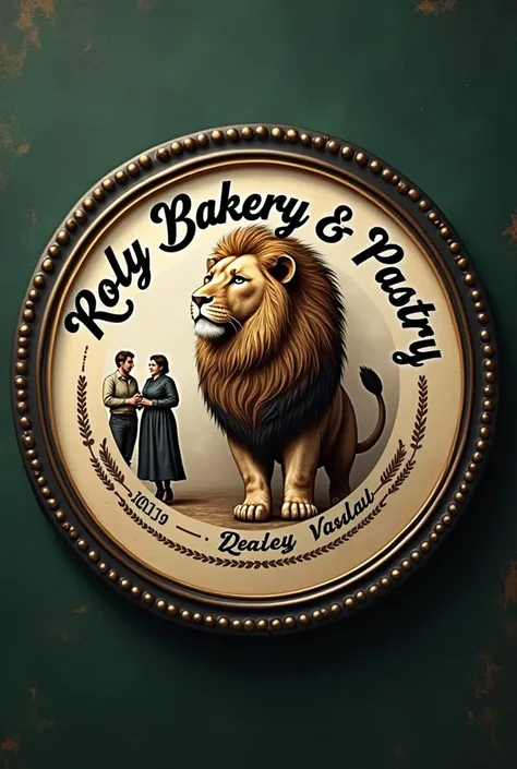  I want an achievement with the name of  " Roly Bakery  &  pastry",  I want the letters to be written in black and in a circular way and inside the circle there is a lion,  and the background is a mix of black and green .  And in the corner part of the lio...