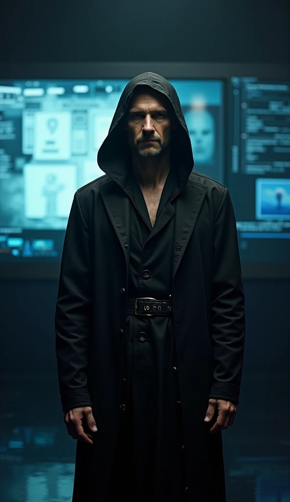 A professional-looking male TV presenter with an air of mystery and sophistication, standing in a dimly lit studio. The host is dressed in an edgy, mysterious hooded dress with fine details, exuding authority and seriousness. Their expression is calm but i...