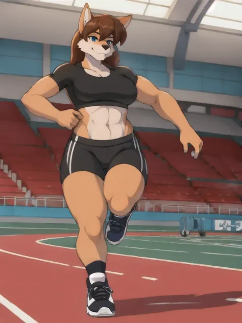 Furry, wolf, female, black shirt, black spandex bike shorts, shoes, indoor running track, s, adult, competitor, full body