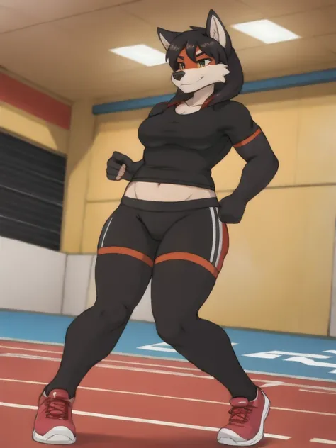 Furry, wolf, female, black shirt, black spandex bike shorts, shoes, indoor running track, s, adult, competitor, full body