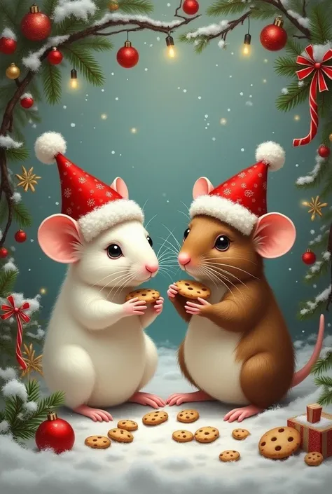  Create an oil painting of two Christmas rats who are engaged wearing Christmas hats,  one of the rats is white and the other is brown .  They are sitting eating Christmas cookies and there are Christmas decorations around , Besides its snowing , Make it l...