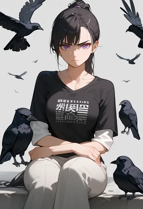 masterpiece, best quality, ultra detailed, a girl, serious look, sitting, looking at viewer, ponytail, black hair, purple eyes, long-sleeved t-shirt,wide pants,gray background, anime,crow 