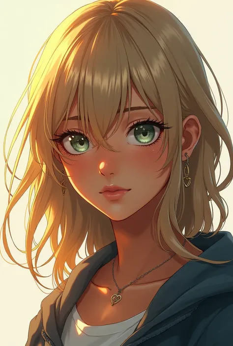  A female teenager , with dark tanned skin , blonde hair and greyish green eyes ANIME VERSION