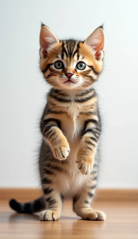 Brown tiger kitten 、Real kitten、 standing on its back legs、 walking on two legs、 facing the front 、 high quality portrait、Background is a white wall