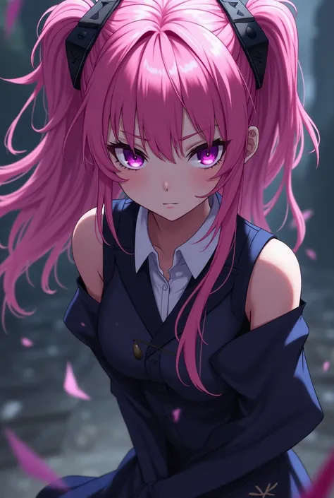 A girl with pink hair and black tips with purple eyes and a serious and firm attitude in the style of the anime Kimetsu no Yaiba 