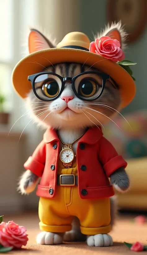 Create a 3D image of a cute, beautiful cat wearing a full body red shirt, yellow shorts, wearing glasses, wearing a watch, wearing a necklace, wearing a hat and bring a sprig of aesthetic roses HD quality 4K blur home background