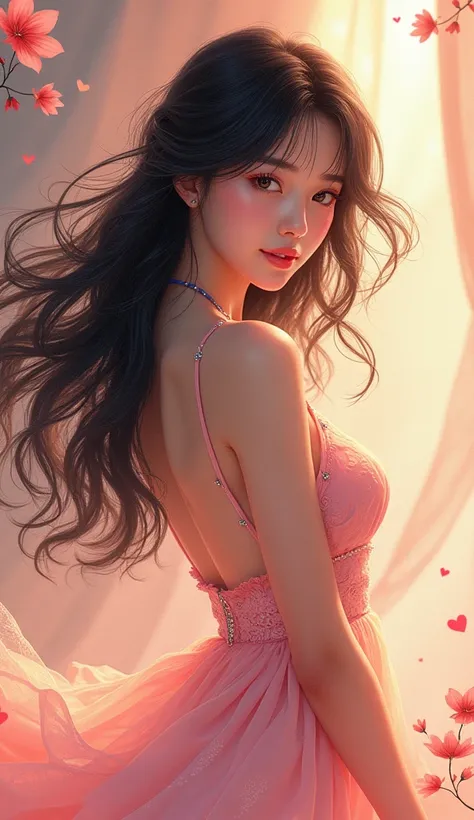 Beautiful young lady standing with black hair. Romance book cover style. Winking. Kawaii
Manhwa