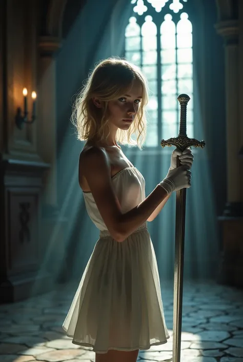 A photorealistic, very realistic picture of a young 16-year old blonde girl，small breasts, soft round cheeks, strapless and sleeveless white short-sleeved dress，White gloves，white stockings; wielding Excalibur with realistic grip and hold, standing in the ...