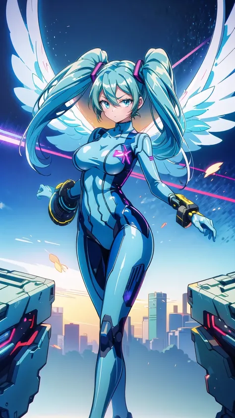   Masterpiece  , Hatsune Miku VOCALOID,  ((Mecha Girl)),   twin tails,    Light Blue Eyes   ,    Light Blue Hair  ,    Bodysuit   , ((  Angel Wings )), (Mecha Girl), ((   cyberpunk   )),    ultimate physical beauty   ,      beautiful eyes   , Big Breasts ,...