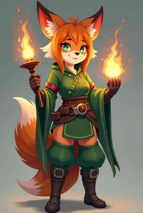 a woman with a fox tail and a green outfit holding a fire, concept art inspired by senior character artist, Artstation contest winner, furry art, female furry mini cute style, a beautiful fox lady, fox nobushi, kitsune inspired armor, kitsune holding torch...